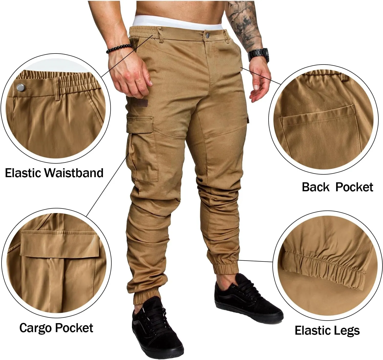 PLEPAN Men's Casual Cargo Pants Joggers Hiking Sweatpants Stretch Elastic Waist Work Pants with 6 Pockets