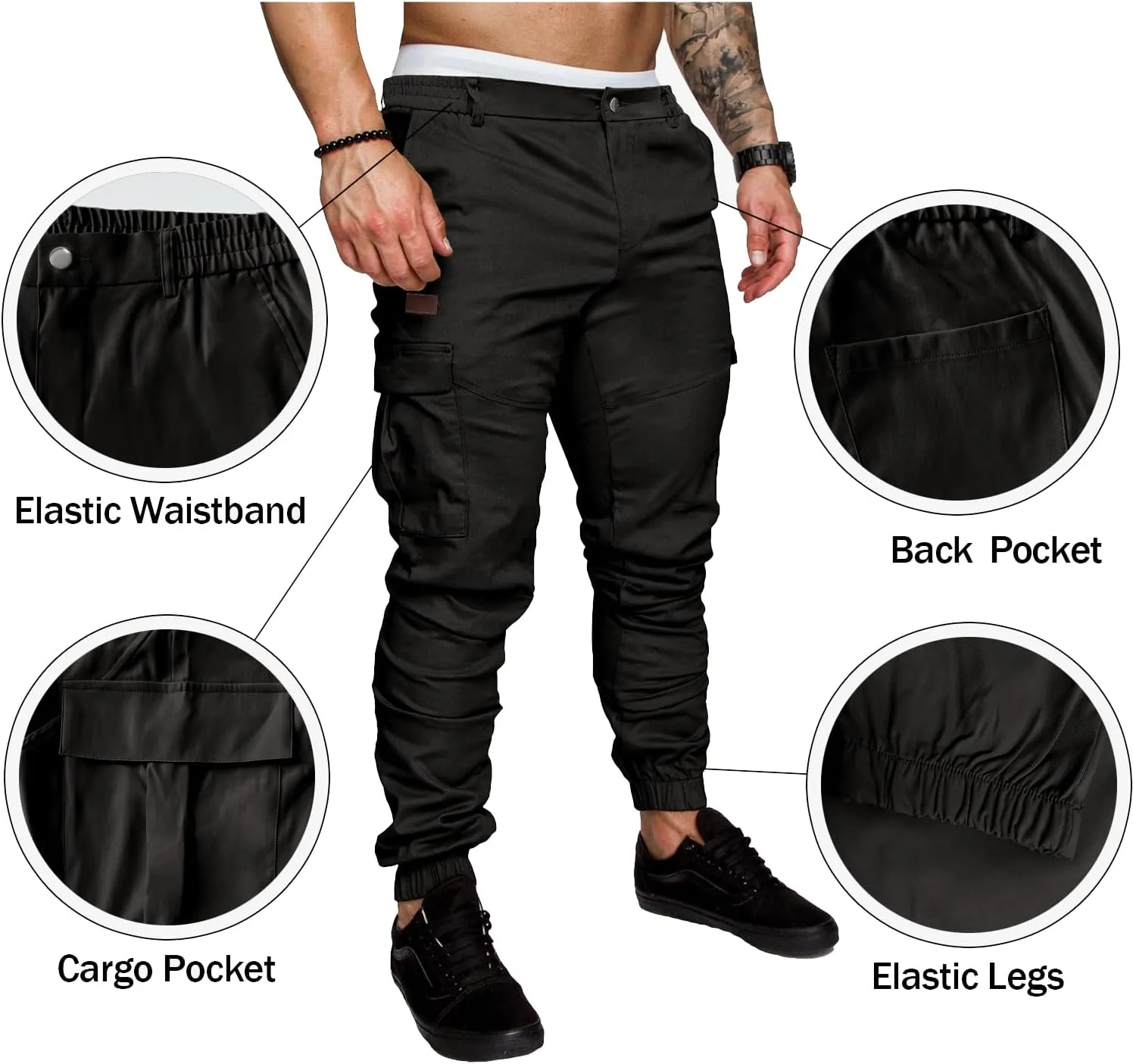 PLEPAN Men's Casual Cargo Pants Joggers Hiking Sweatpants Stretch Elastic Waist Work Pants with 6 Pockets