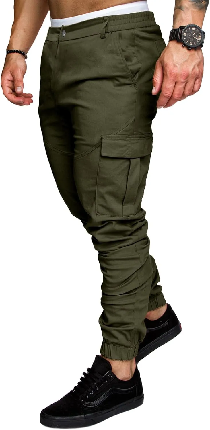 PLEPAN Men's Casual Cargo Pants Joggers Hiking Sweatpants Stretch Elastic Waist Work Pants with 6 Pockets