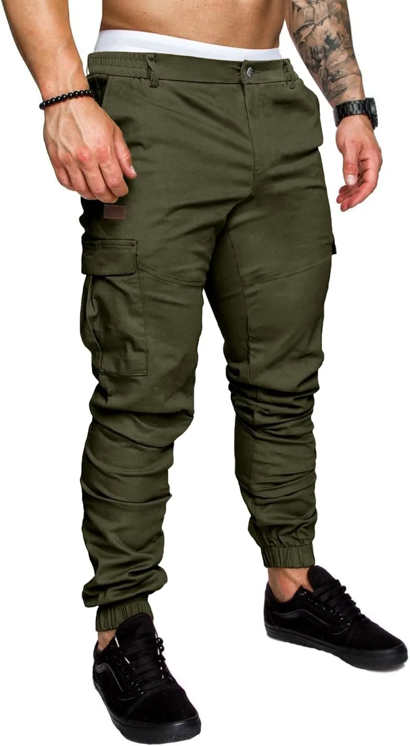 PLEPAN Men's Casual Cargo Pants Joggers Hiking Sweatpants Stretch Elastic Waist Work Pants with 6 Pockets