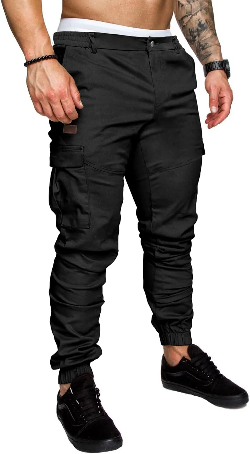 PLEPAN Men's Casual Cargo Pants Joggers Hiking Sweatpants Stretch Elastic Waist Work Pants with 6 Pockets