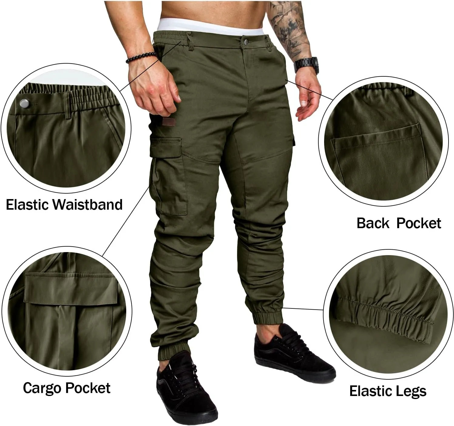 PLEPAN Men's Casual Cargo Pants Joggers Hiking Sweatpants Stretch Elastic Waist Work Pants with 6 Pockets