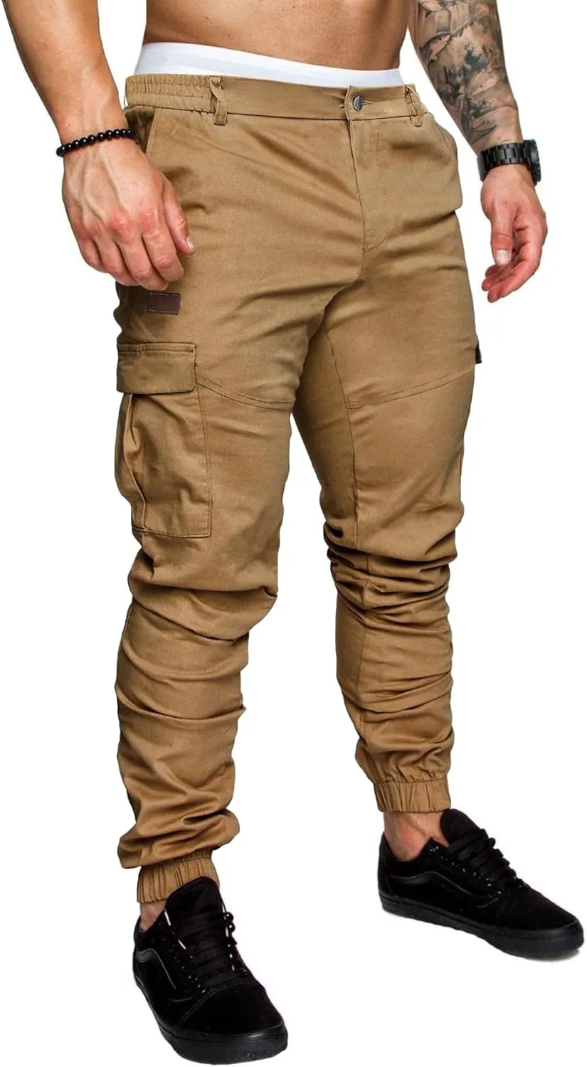 PLEPAN Men's Casual Cargo Pants Joggers Hiking Sweatpants Stretch Elastic Waist Work Pants with 6 Pockets