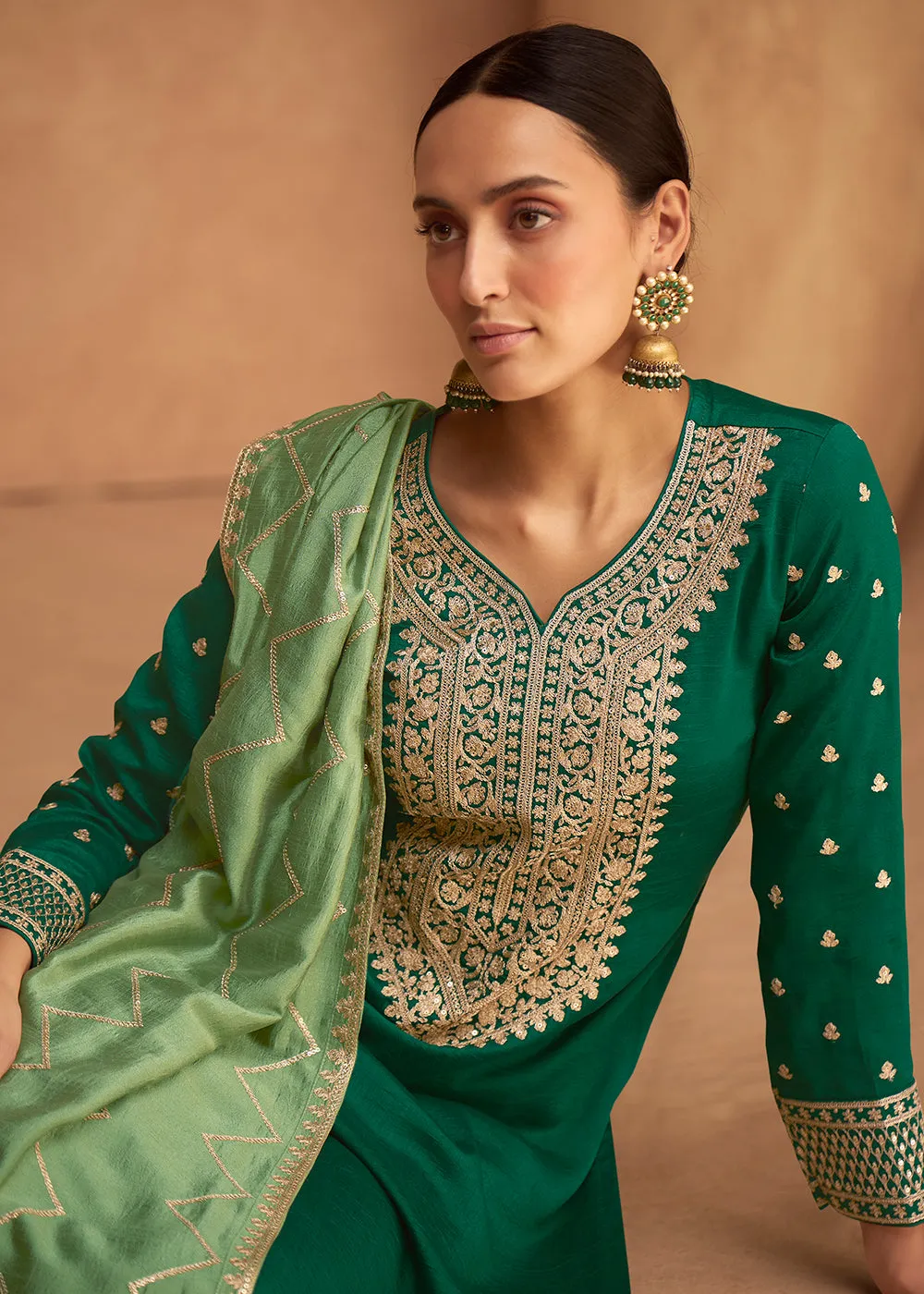 Premium Silk Dark Green Festive Wear Palazzo Salwar Suit