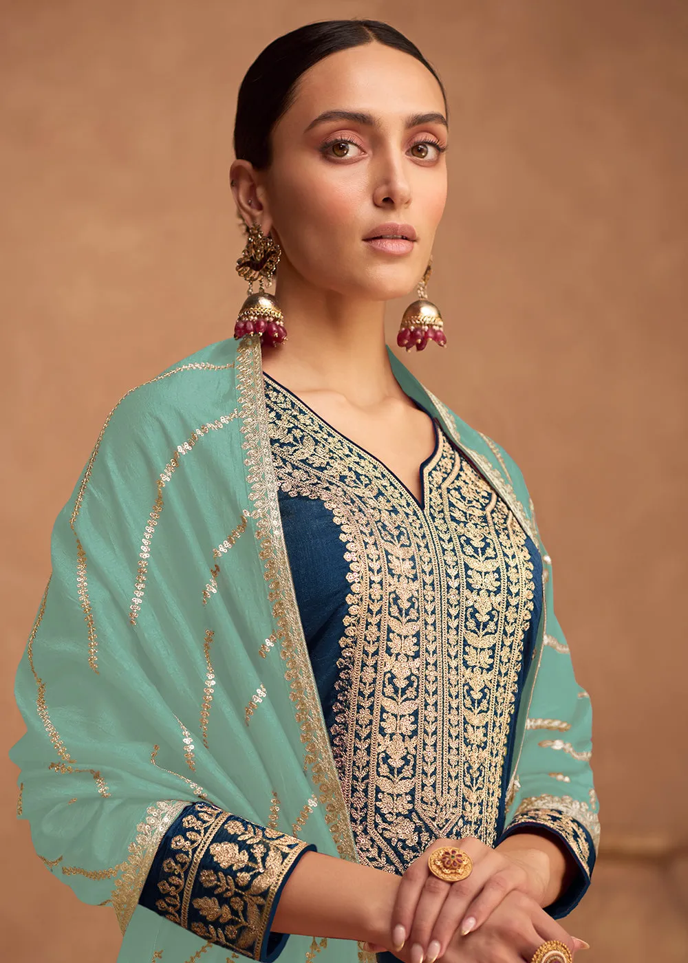 Premium Silk Navy Blue Festive Wear Palazzo Salwar Suit
