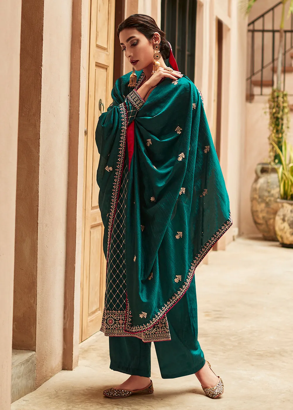 Premium Silk Teal & Gold Embroidered Indian Salwar Kameez
