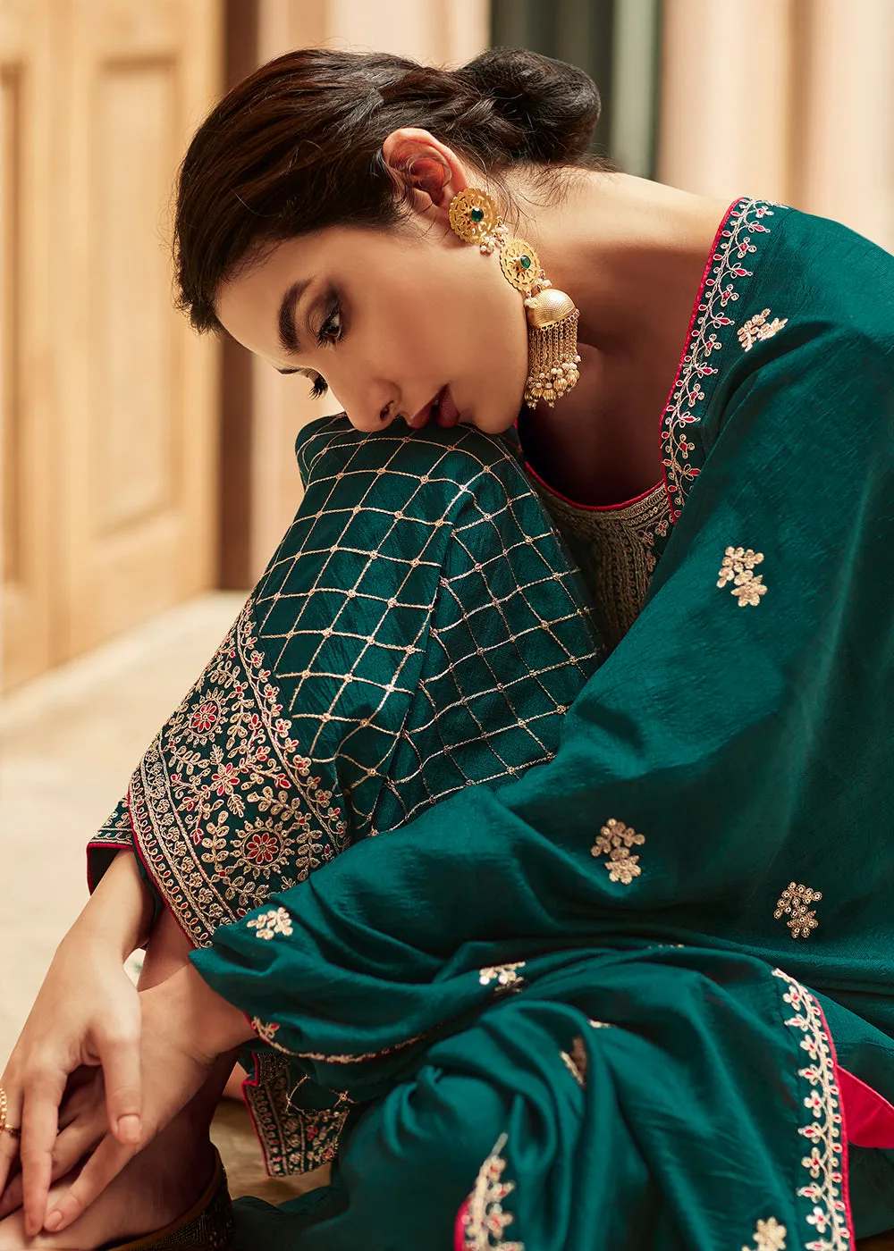 Premium Silk Teal & Gold Embroidered Indian Salwar Kameez