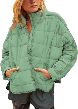 Quilted Puffer Jacket Women Lightweight Short Zip Up Padded Coat with Pockets