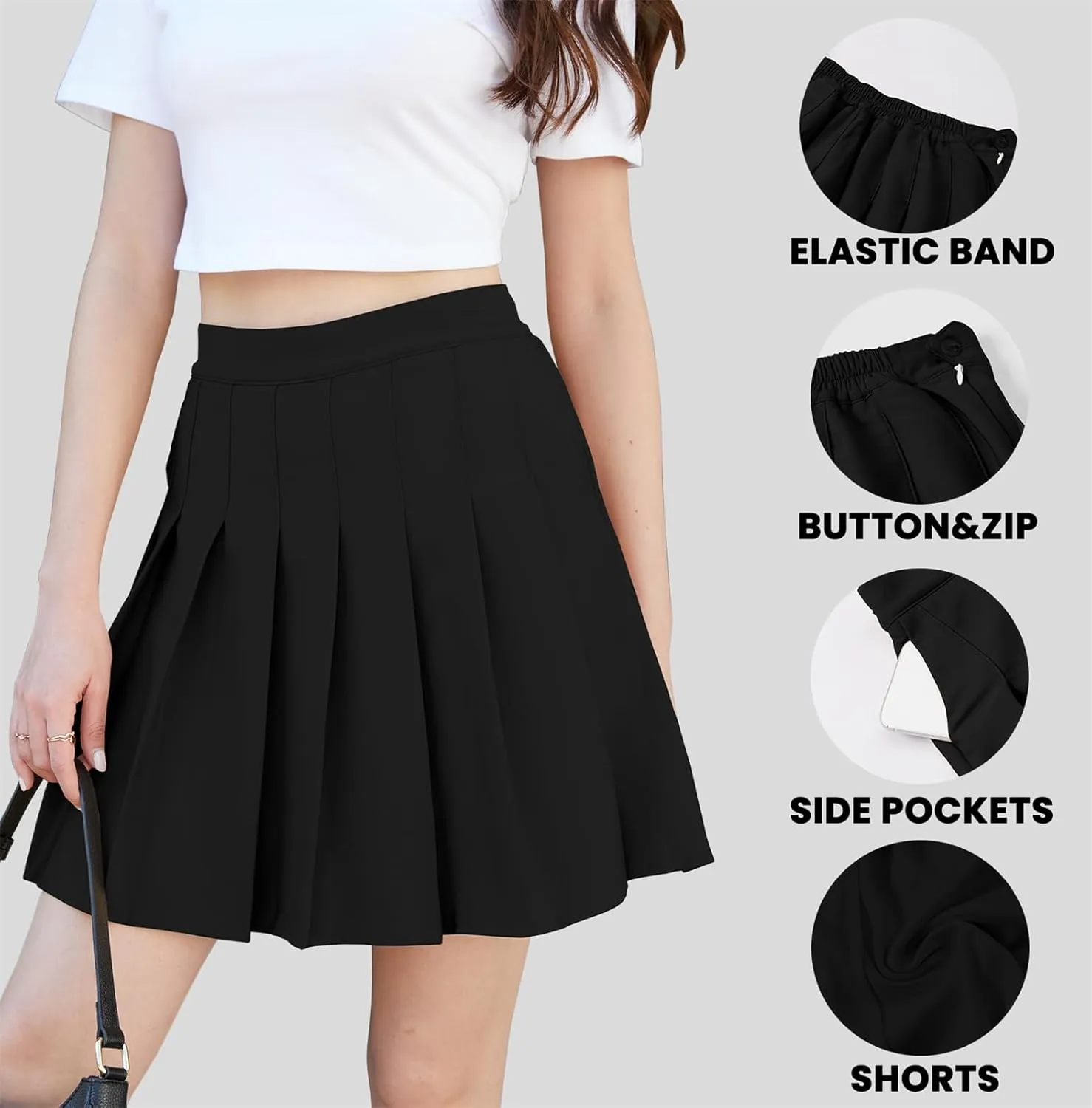 SANGTREE Girl Women Plus Size Pleated Uniform Casual Skater Tennis Skirt with Elastic Waist and Pockets