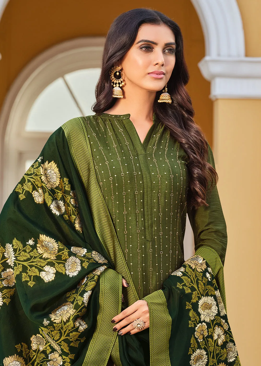 Swarovski Embroidered Charismatic Green Pant Salwar Suit