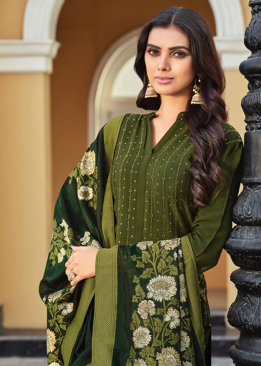 Swarovski Embroidered Charismatic Green Pant Salwar Suit