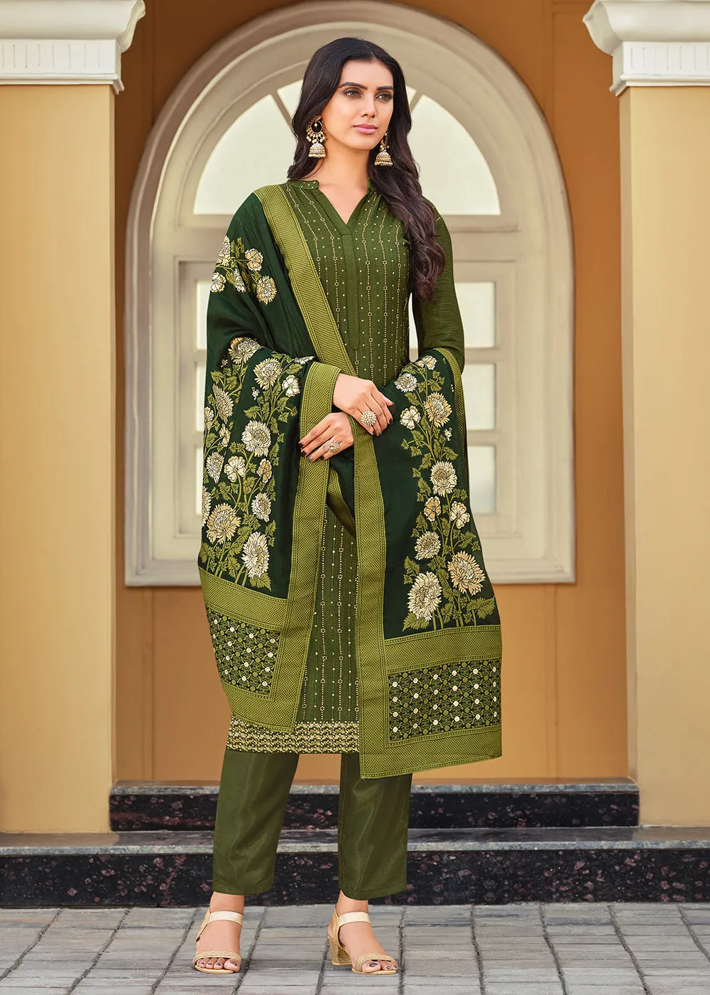 Swarovski Embroidered Charismatic Green Pant Salwar Suit