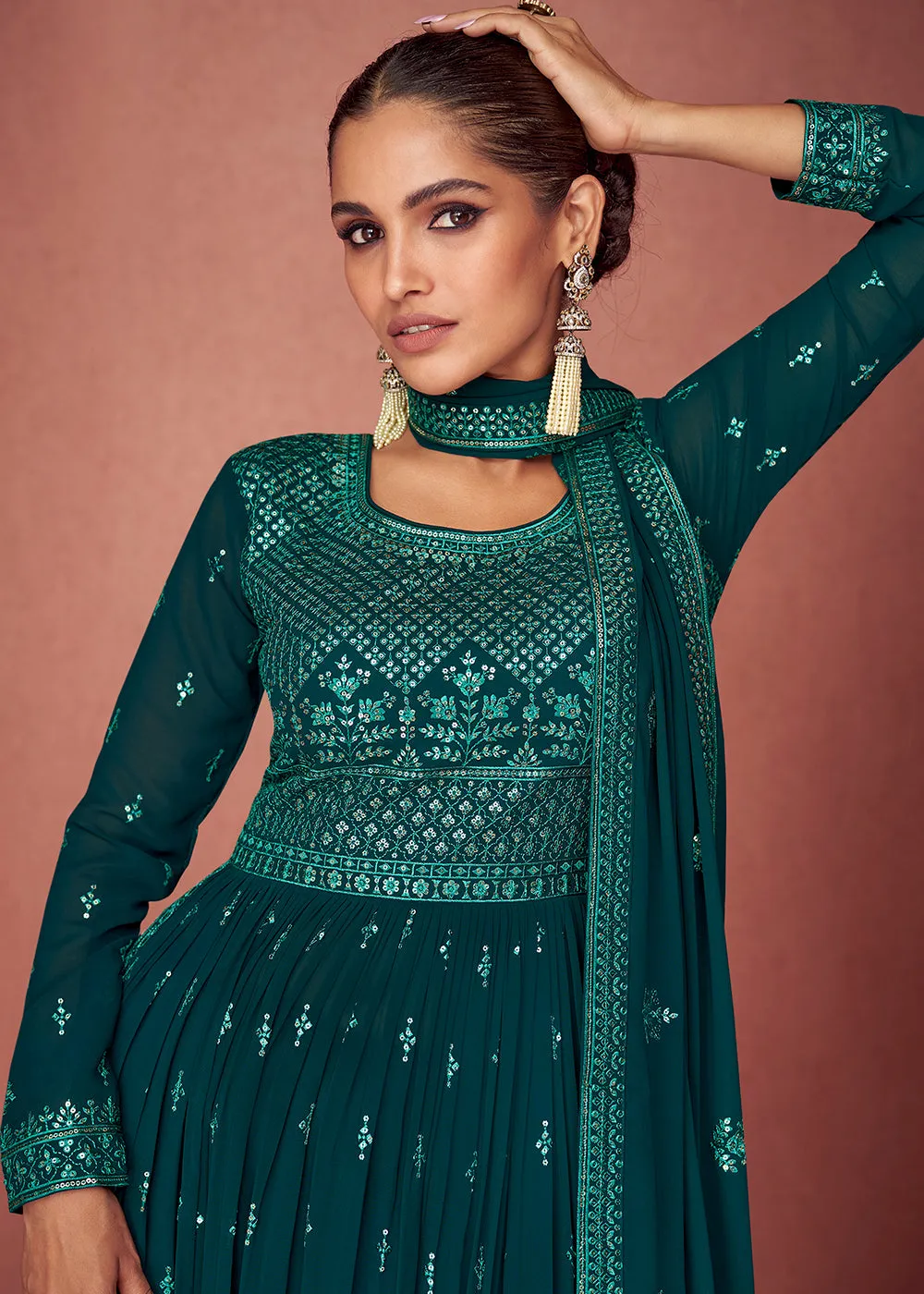 Teal Green Anarkali Style Georgette Embellished Palazzo Suit
