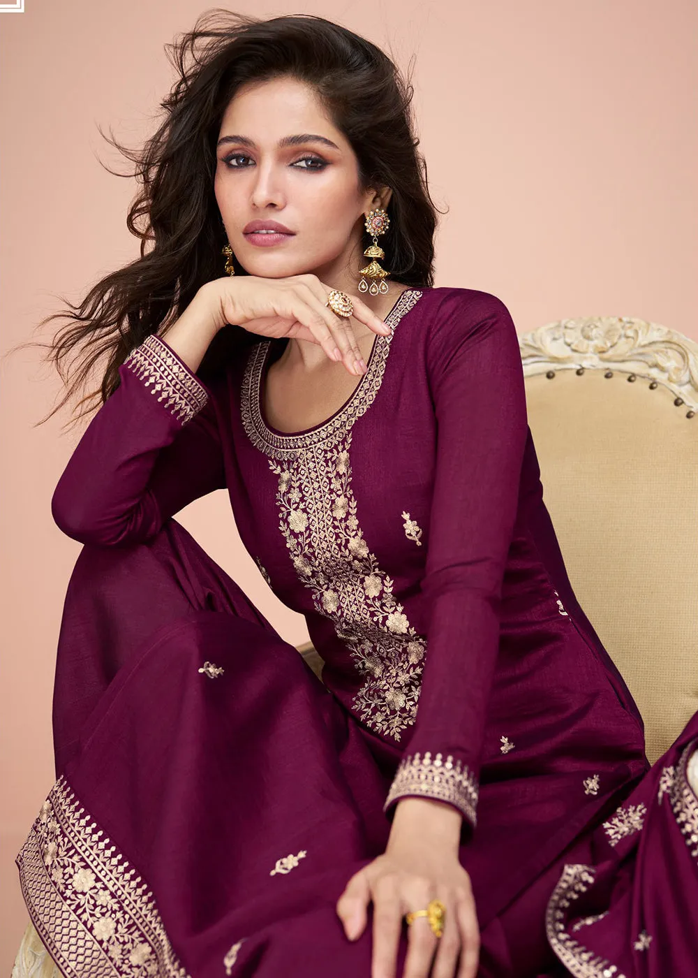 Tempting Wine Silk Embroidered Palazzo Salwar Suit