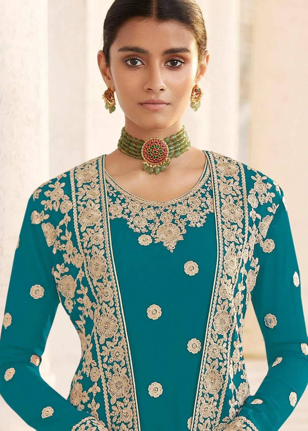 Turquoise Designer Georgette Embroidered Jacket Style Suit