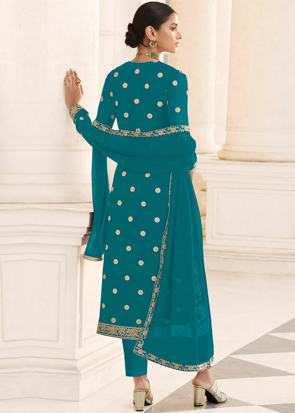 Turquoise Designer Georgette Embroidered Jacket Style Suit