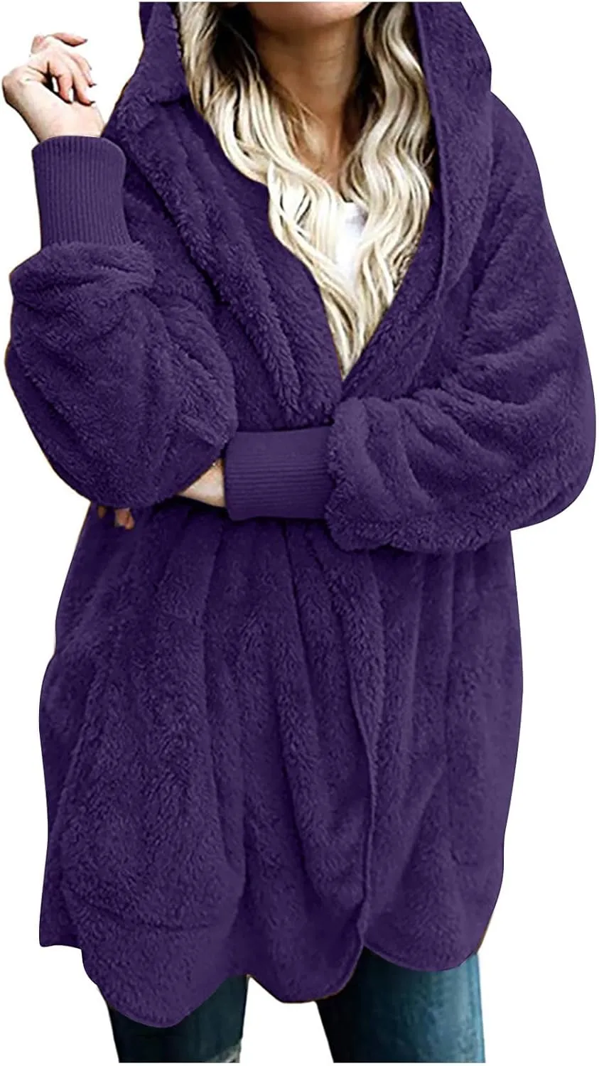 Winter Cardigan for Women,Womens Warm Lapel Faux Fur Fluffy Coats Long Sleeve Fleece Jacket Fuzzy Pea Coat Overwear