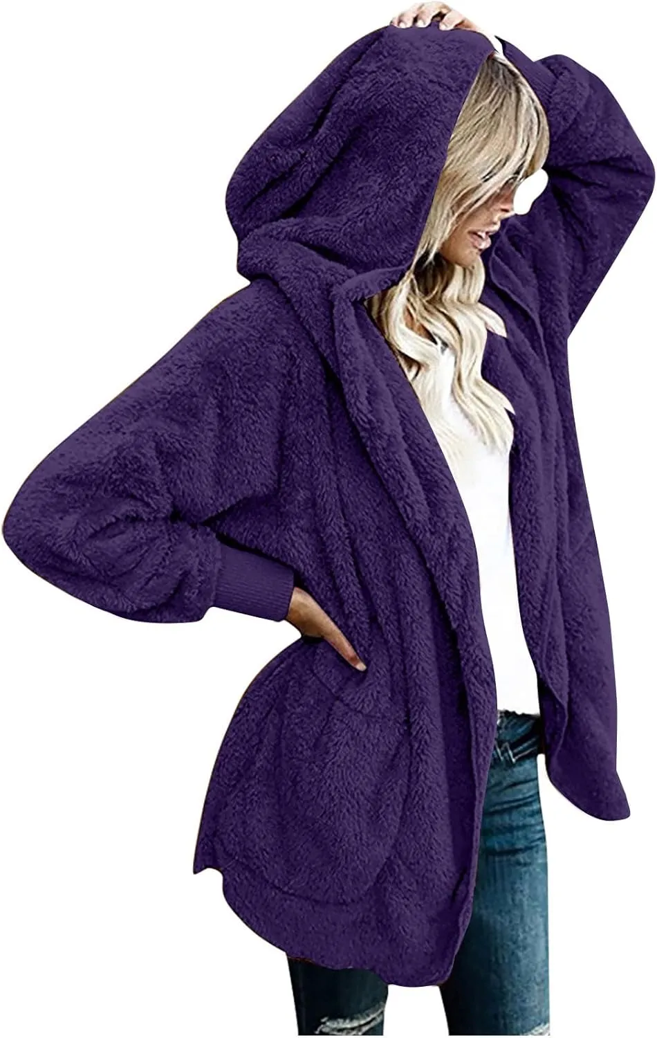 Winter Cardigan for Women,Womens Warm Lapel Faux Fur Fluffy Coats Long Sleeve Fleece Jacket Fuzzy Pea Coat Overwear