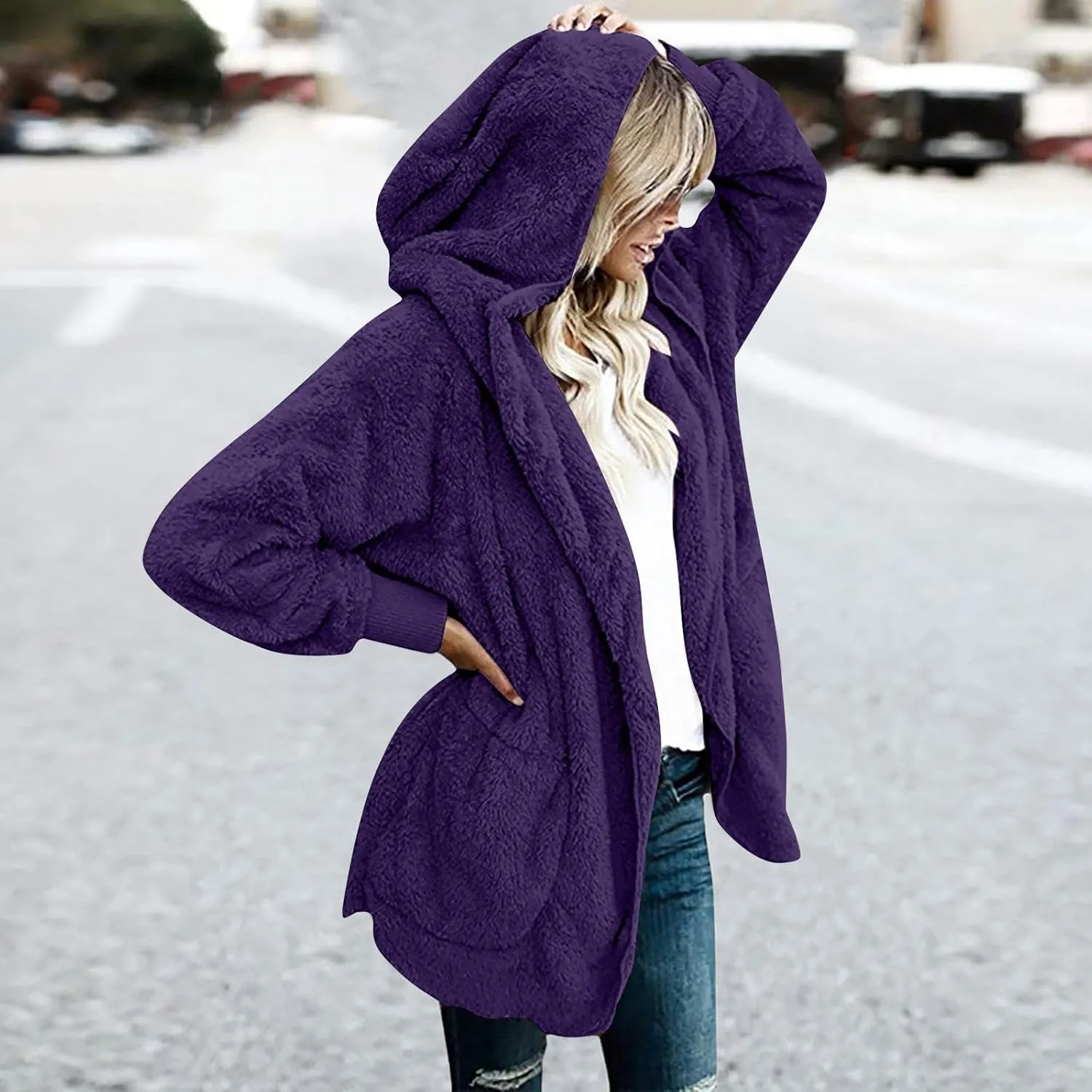 Winter Cardigan for Women,Womens Warm Lapel Faux Fur Fluffy Coats Long Sleeve Fleece Jacket Fuzzy Pea Coat Overwear