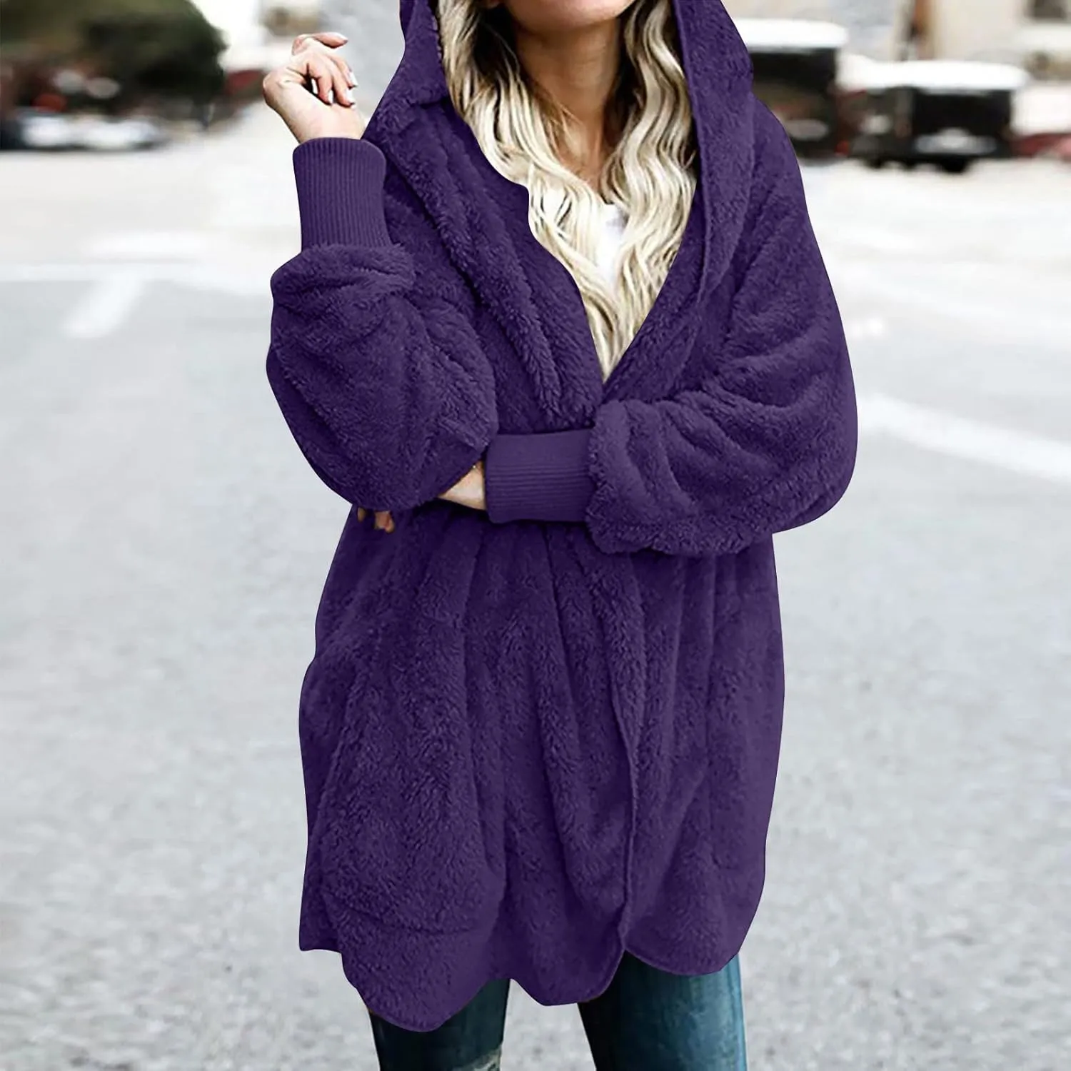 Winter Cardigan for Women,Womens Warm Lapel Faux Fur Fluffy Coats Long Sleeve Fleece Jacket Fuzzy Pea Coat Overwear