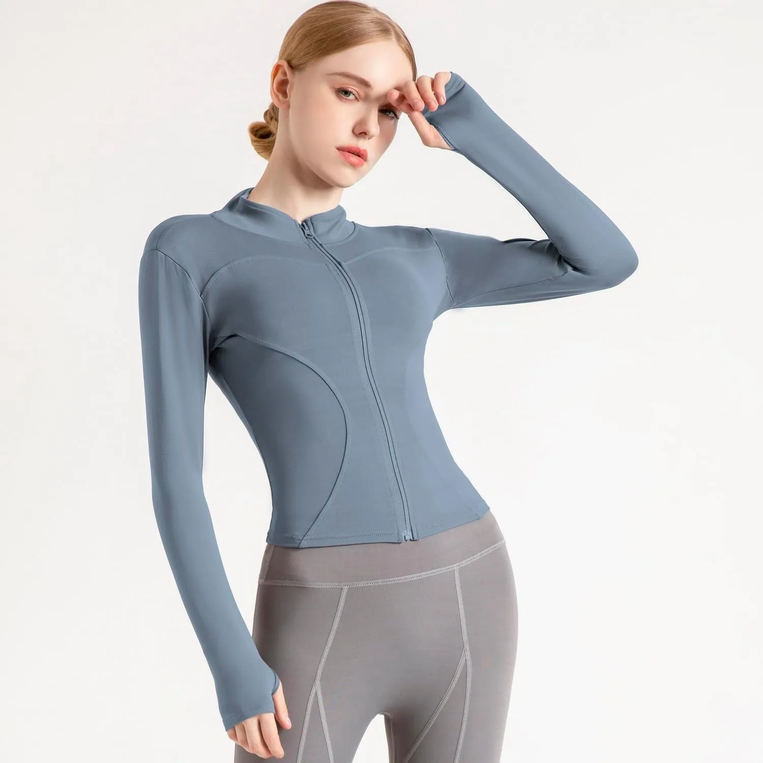 Women's Cropped Lightweight Stretchy Running Track Jackets Full Zip Slim Fit Athletic Tops with Thumb Holes