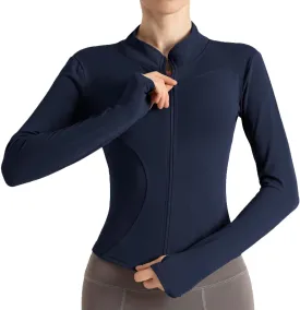 Women's Cropped Lightweight Stretchy Running Track Jackets Full Zip Slim Fit Athletic Tops with Thumb Holes
