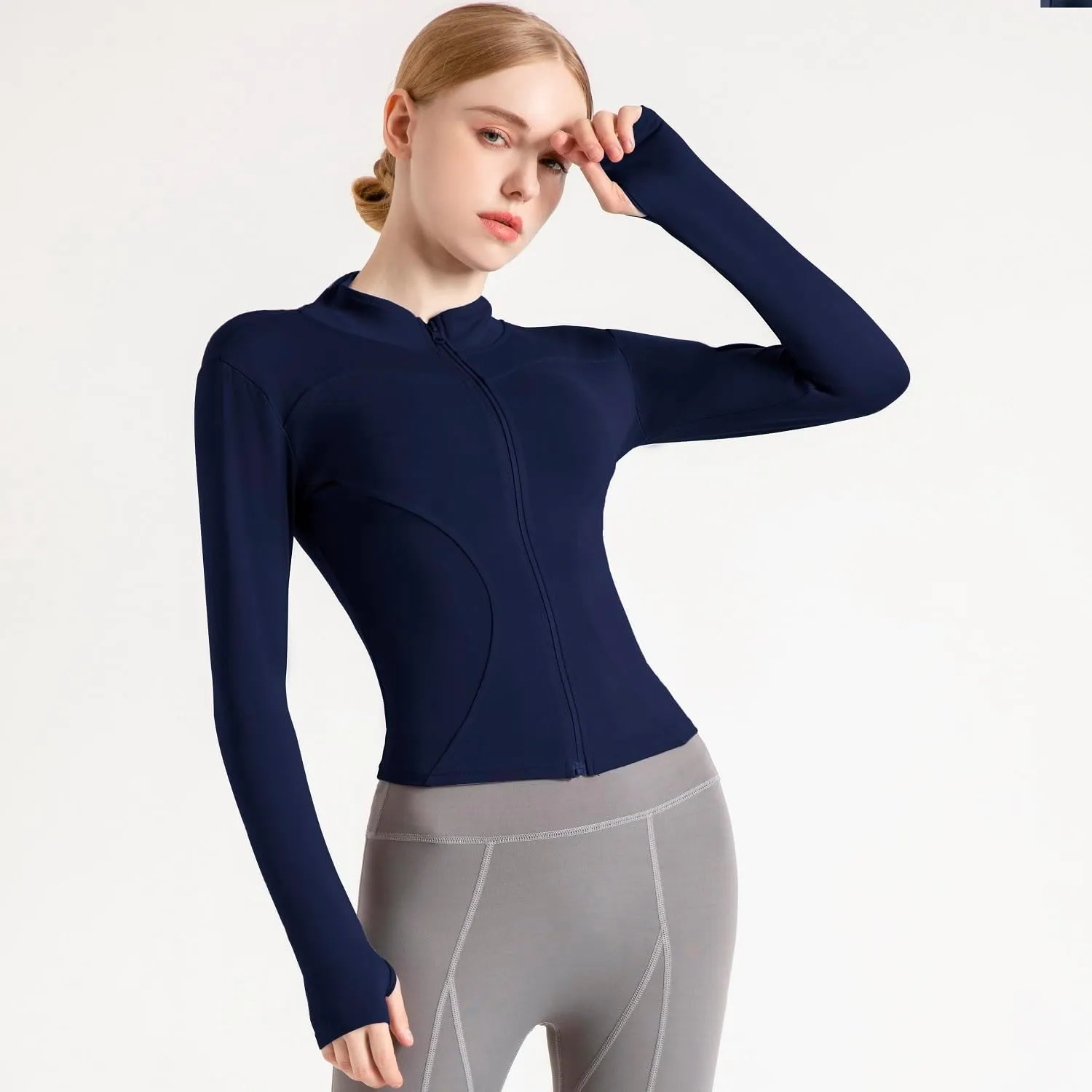 Women's Cropped Lightweight Stretchy Running Track Jackets Full Zip Slim Fit Athletic Tops with Thumb Holes