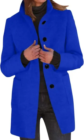 Women's Winter Single Breasted Pea Coat Casaul Fashion Mid Long Jacket Stand Collar Wool Elegant Oversized Coats