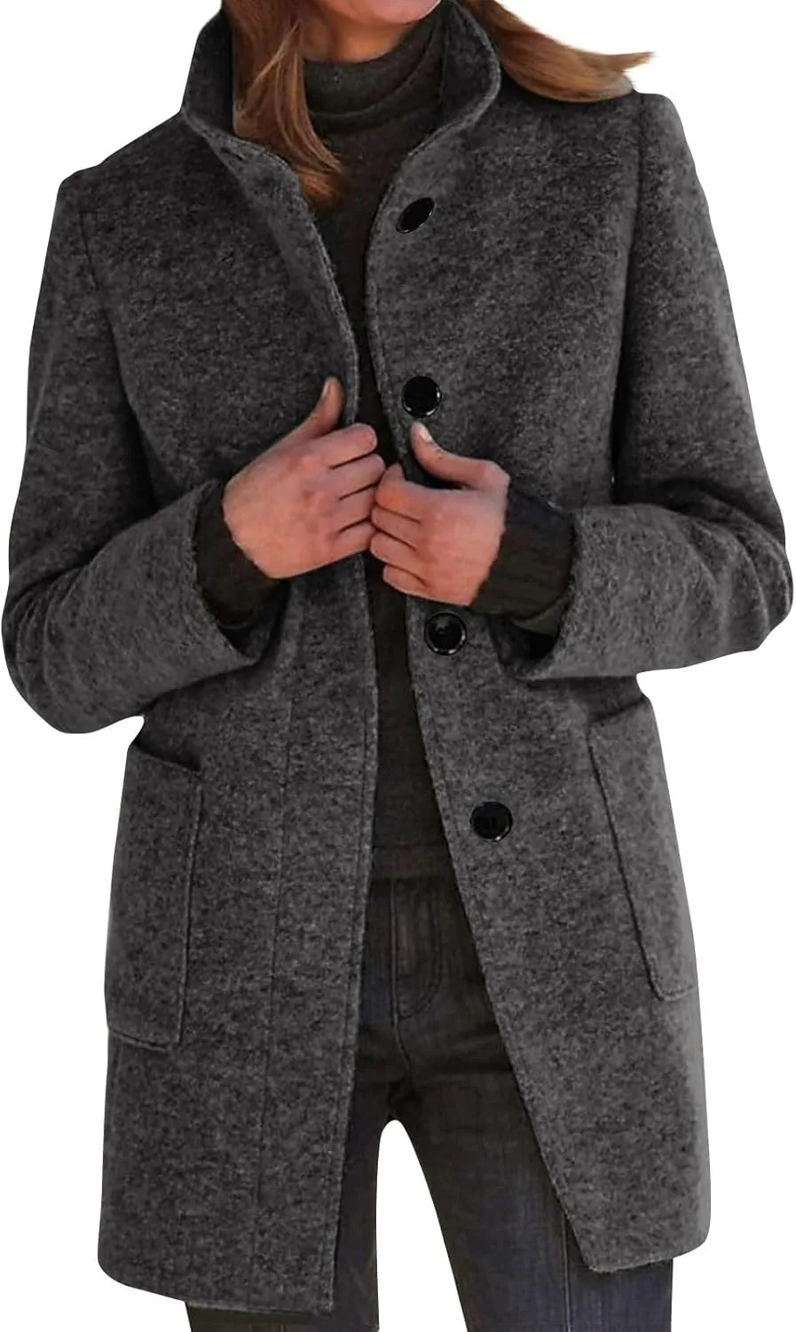 Women's Winter Single Breasted Pea Coat Casaul Fashion Mid Long Jacket Stand Collar Wool Elegant Oversized Coats