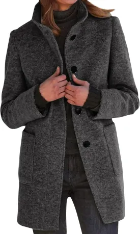 Women's Winter Single Breasted Pea Coat Casaul Fashion Mid Long Jacket Stand Collar Wool Elegant Oversized Coats