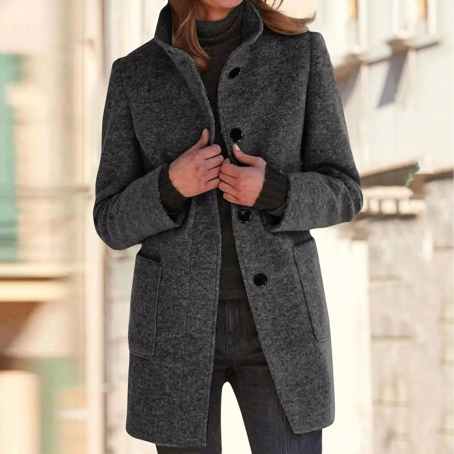 Women's Winter Single Breasted Pea Coat Casaul Fashion Mid Long Jacket Stand Collar Wool Elegant Oversized Coats