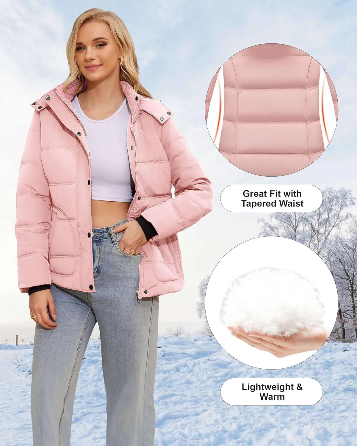 WULFUL Women's Winter Coats Lightweight Warm Thicken Puffer Jacket Waterproof Quilted Winter Jacket with Removable Hood
