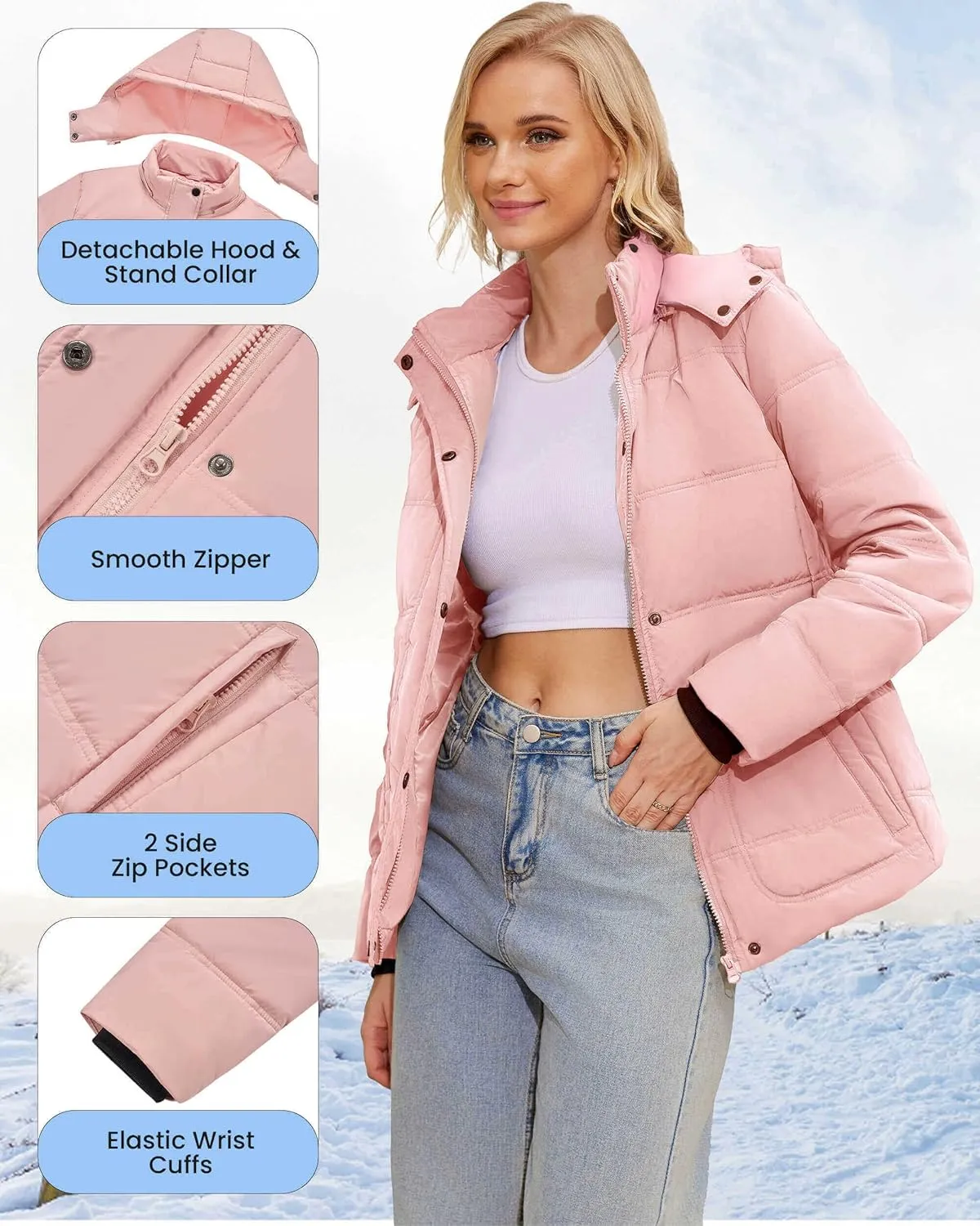 WULFUL Women's Winter Coats Lightweight Warm Thicken Puffer Jacket Waterproof Quilted Winter Jacket with Removable Hood